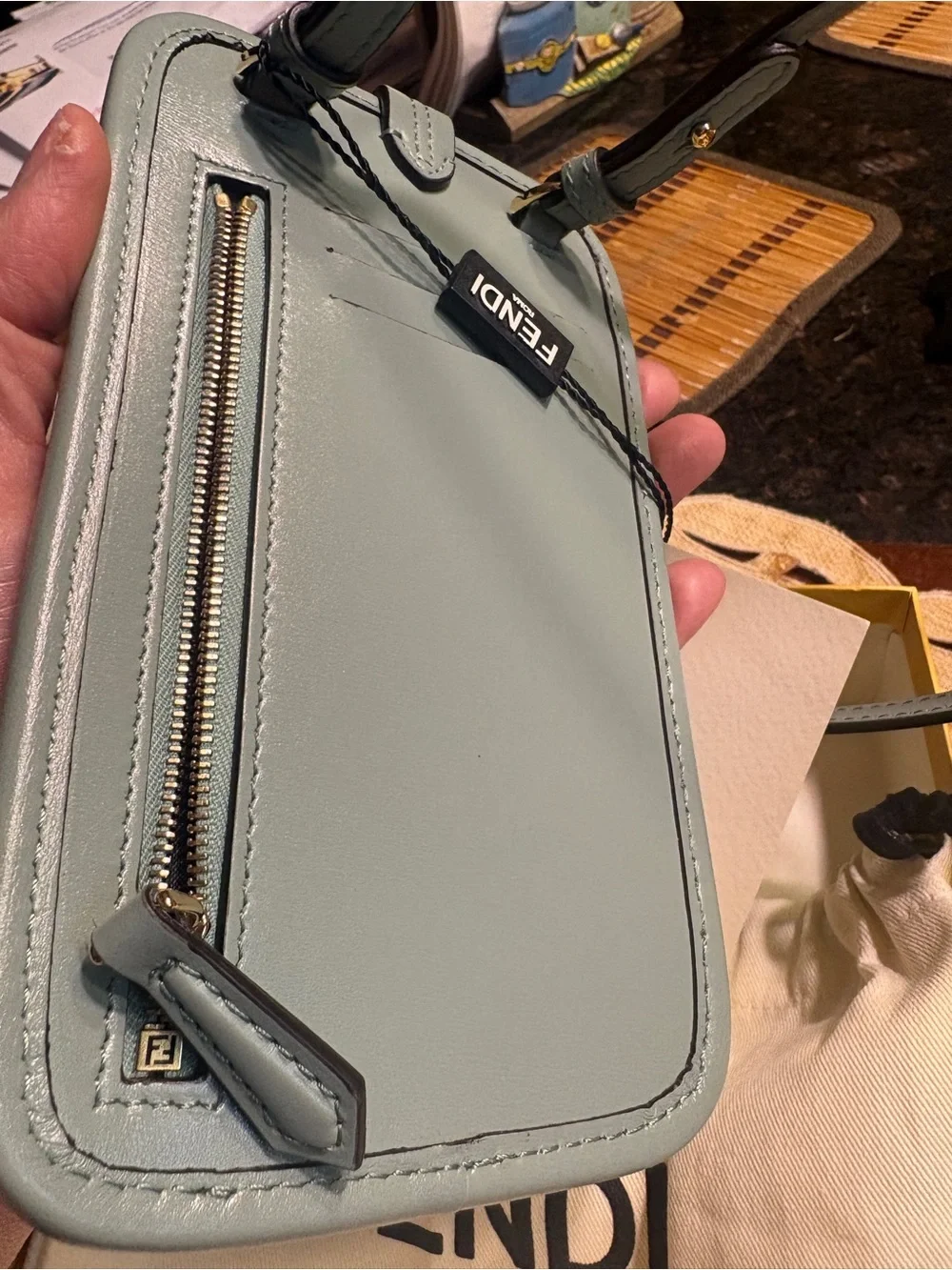 Fendi O’Lock Leather Phone Pouch Crossbody Mint Green Box Dust Bag